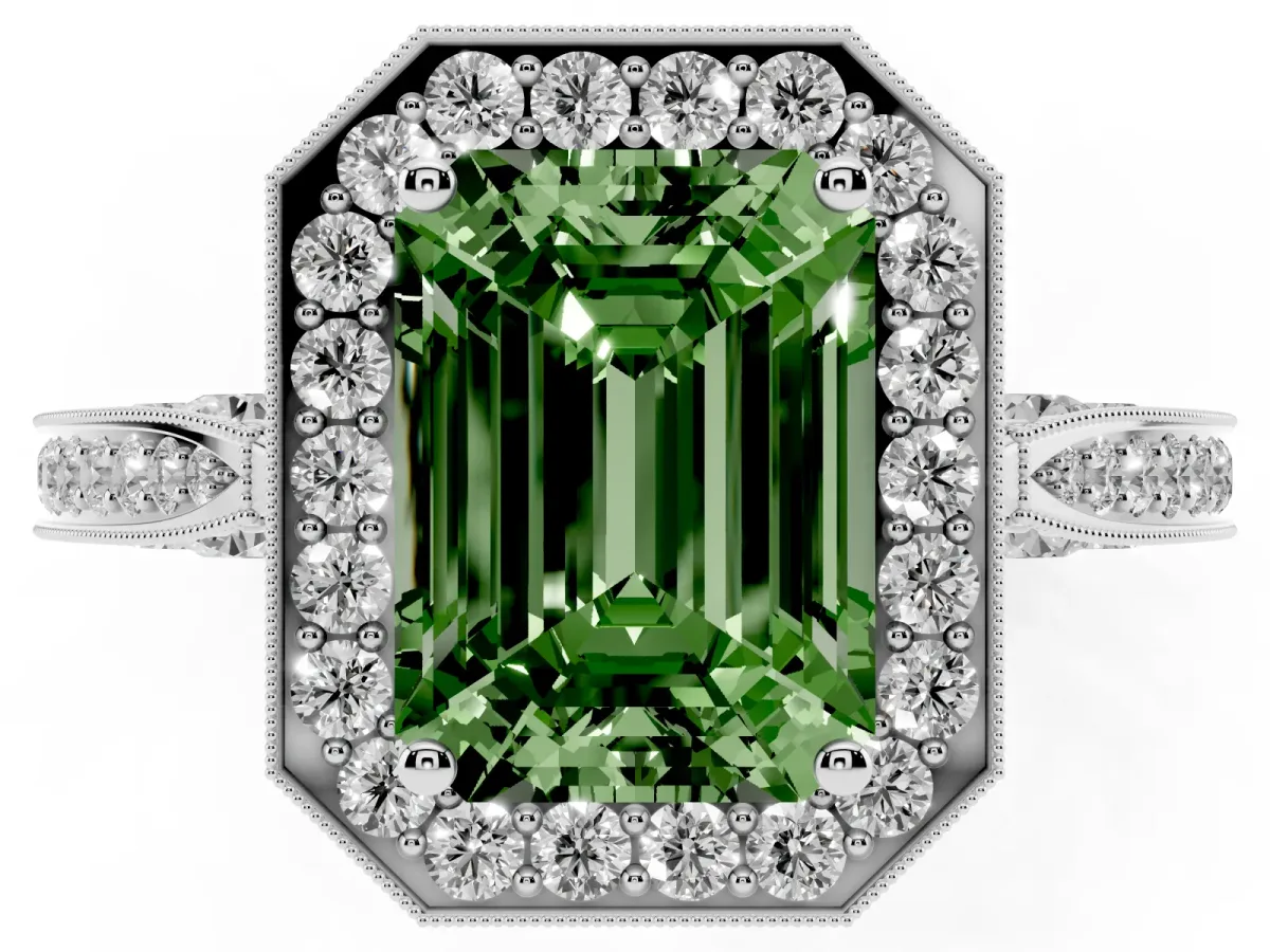 Fancy Green Emerald Cut Halo Diamond Engagement Ring with Split Shank Band and Four-Prong Setting Silver