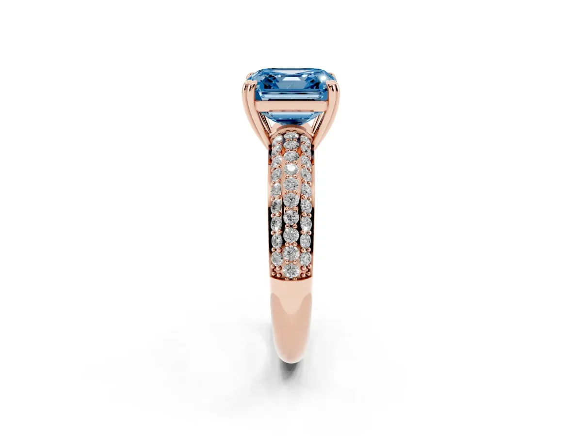 Fancy Blue Asscher Cut Diamond Solitaire Ring with Multi-Row Round Pavé Band and Prong Setting Rose gold
