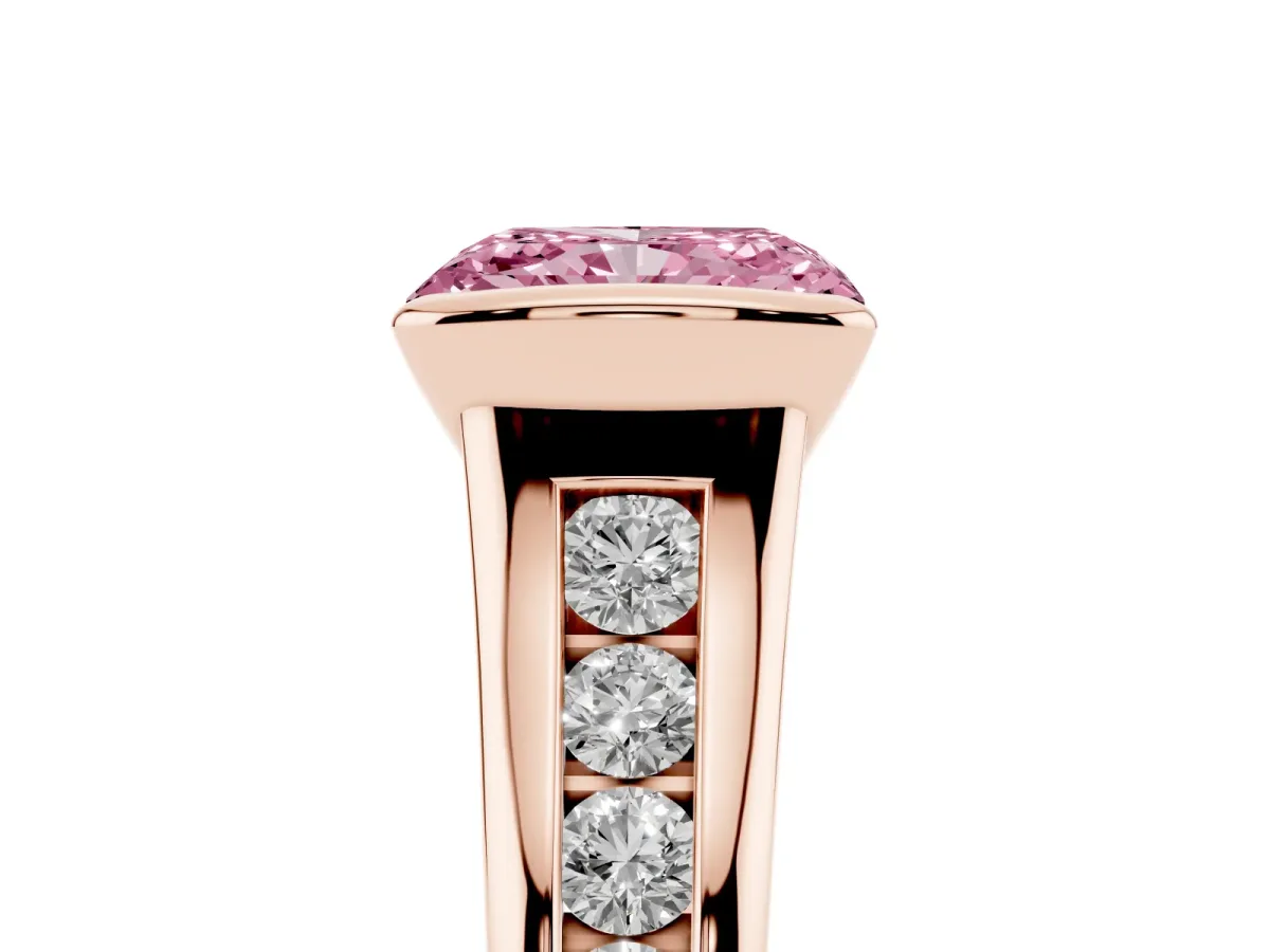 Fancy Pink Radiant Cut Solitaire Bezel-Set Diamond Ring with Channel-Set Band Rose gold
