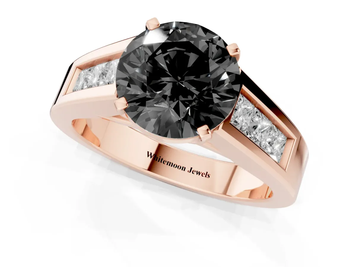 Fancy Black Round Cut Cut Channel Set Solitaire Ring with Four-Prong Setting Rose gold