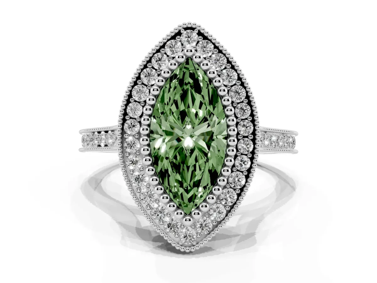 Fancy Green Marquise Cut Diamond Halo Ring with Milgrain Frame and Pavé Band Silver