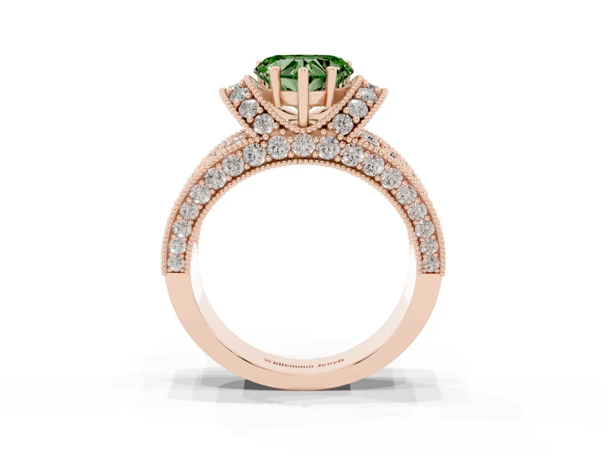 Fancy Green Heart Cut Halo Pave Diamond Engagement Ring with Milgrain Detailing Rose gold