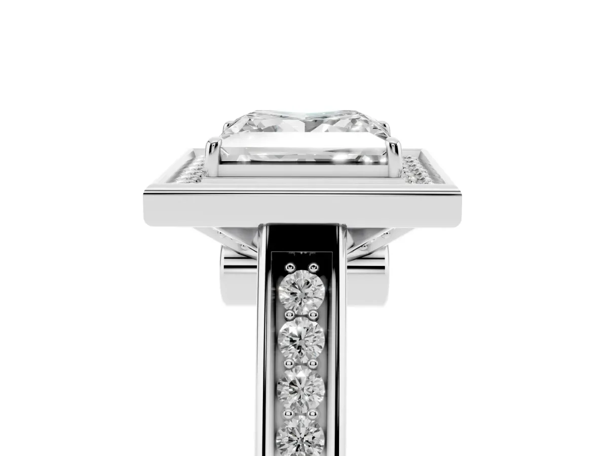 Princess Cut Halo Solitaire Diamond Ring with Pave Band and Bezel Setting Silver