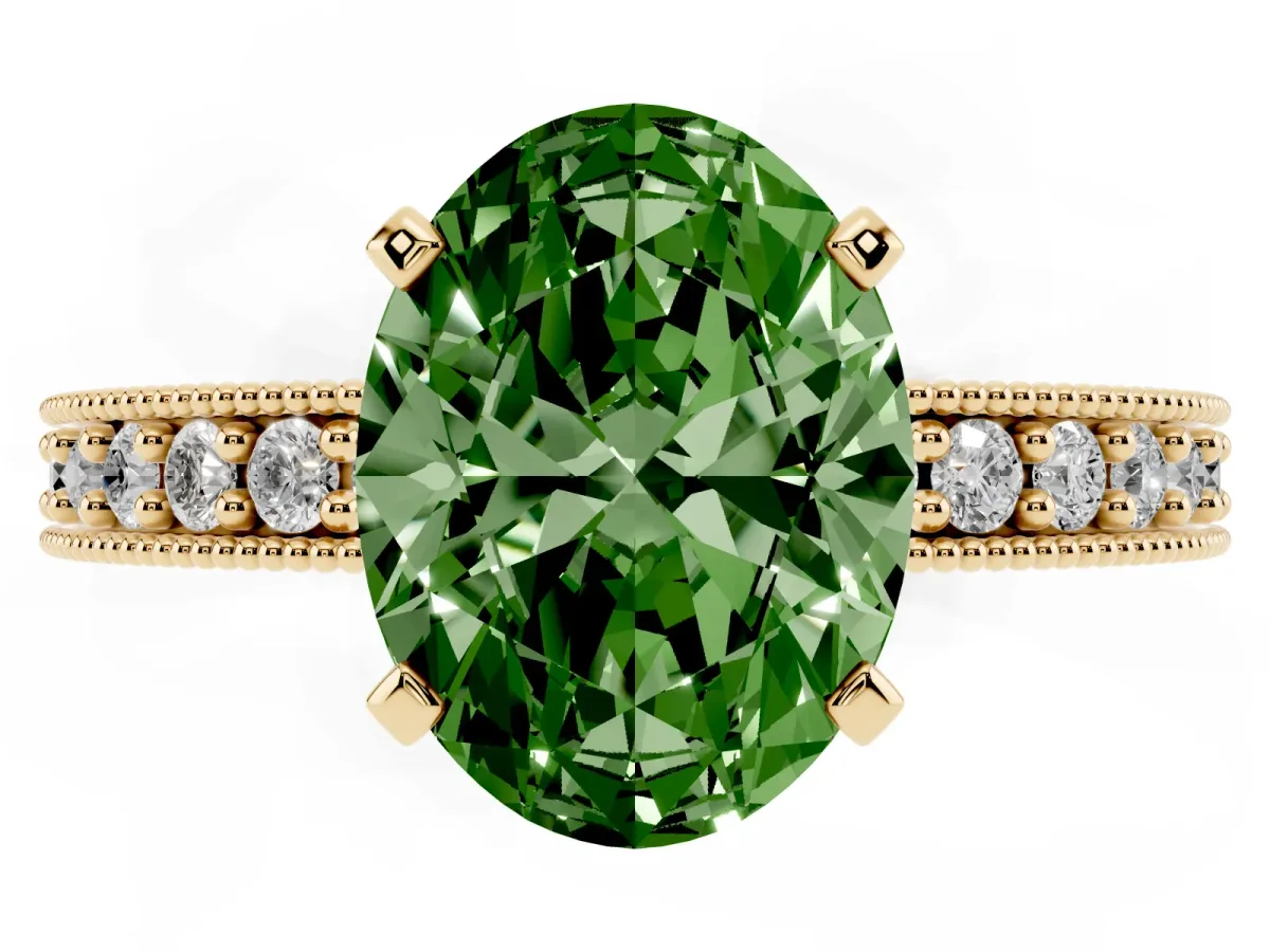 Fancy Green Oval Cut Diamond Milgrain Pavé Engagement Ring with Four-Prong Setting Yellow gold