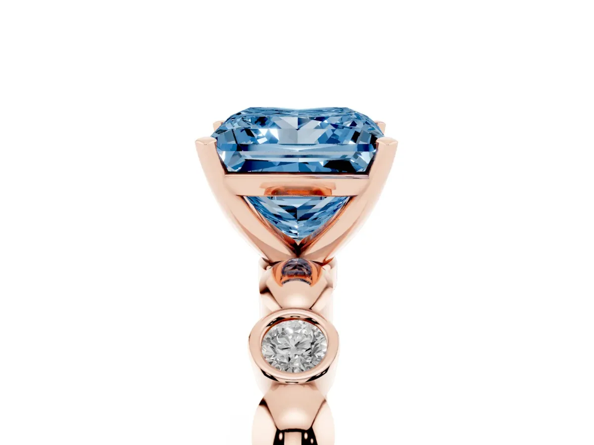 Fancy Blue Princess Cut Solitaire Bezel-Set Diamond Ring with Beaded Band and Four-Prong Setting Rose gold