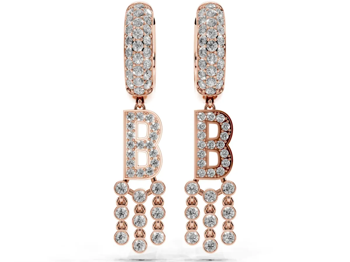 Round Diamond Initial B Huggie Hoop Earrings Rose gold
