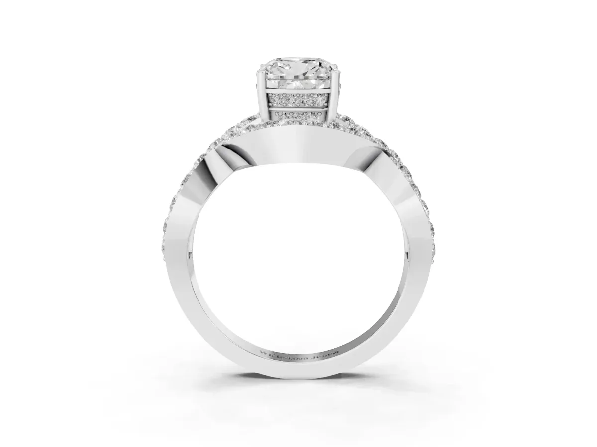Cushion Cut Solitaire Twist Band Pavé Diamond Engagement Ring Silver