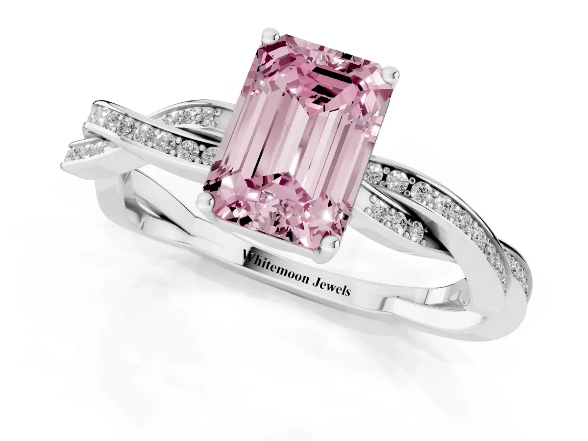 Fancy Pink Emerald Cut Solitaire Twisted Pave Diamond Ring with Four-Prong Setting Platinum