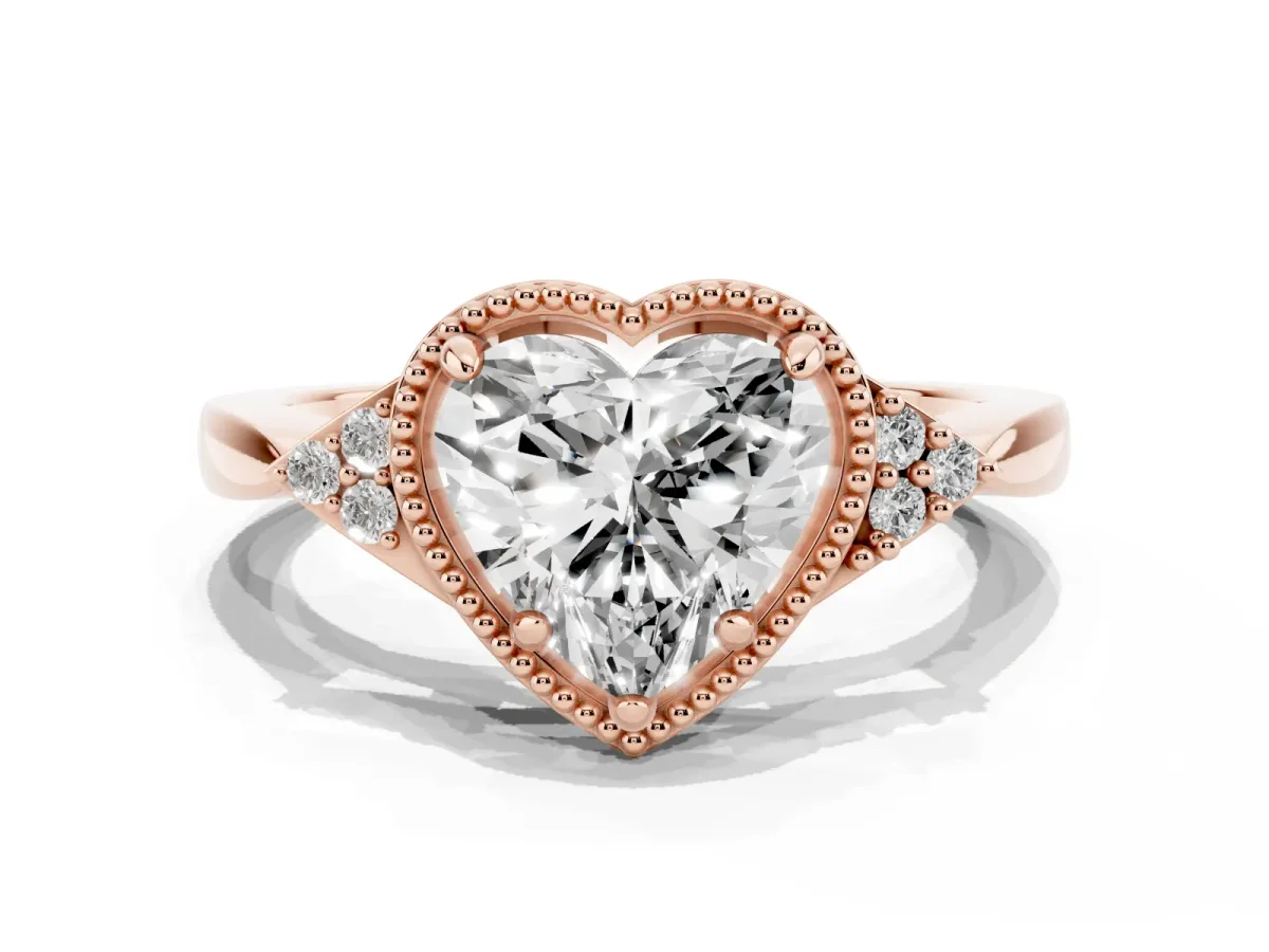Heart Cut Diamond Halo Ring with Tapered Band and Four-Prong Setting Rose gold