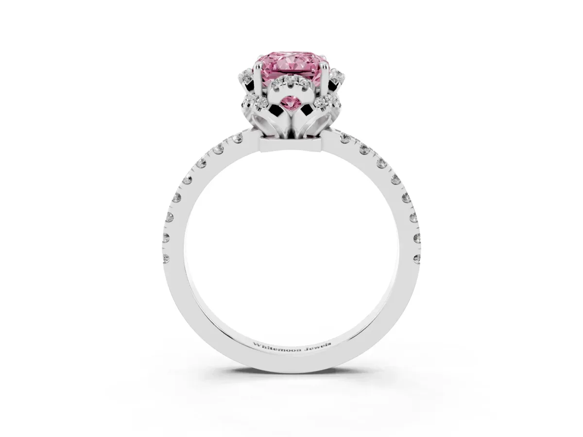 Fancy Pink Radiant Cut Diamond Halo Pave Band with Four-Prong Setting White gold