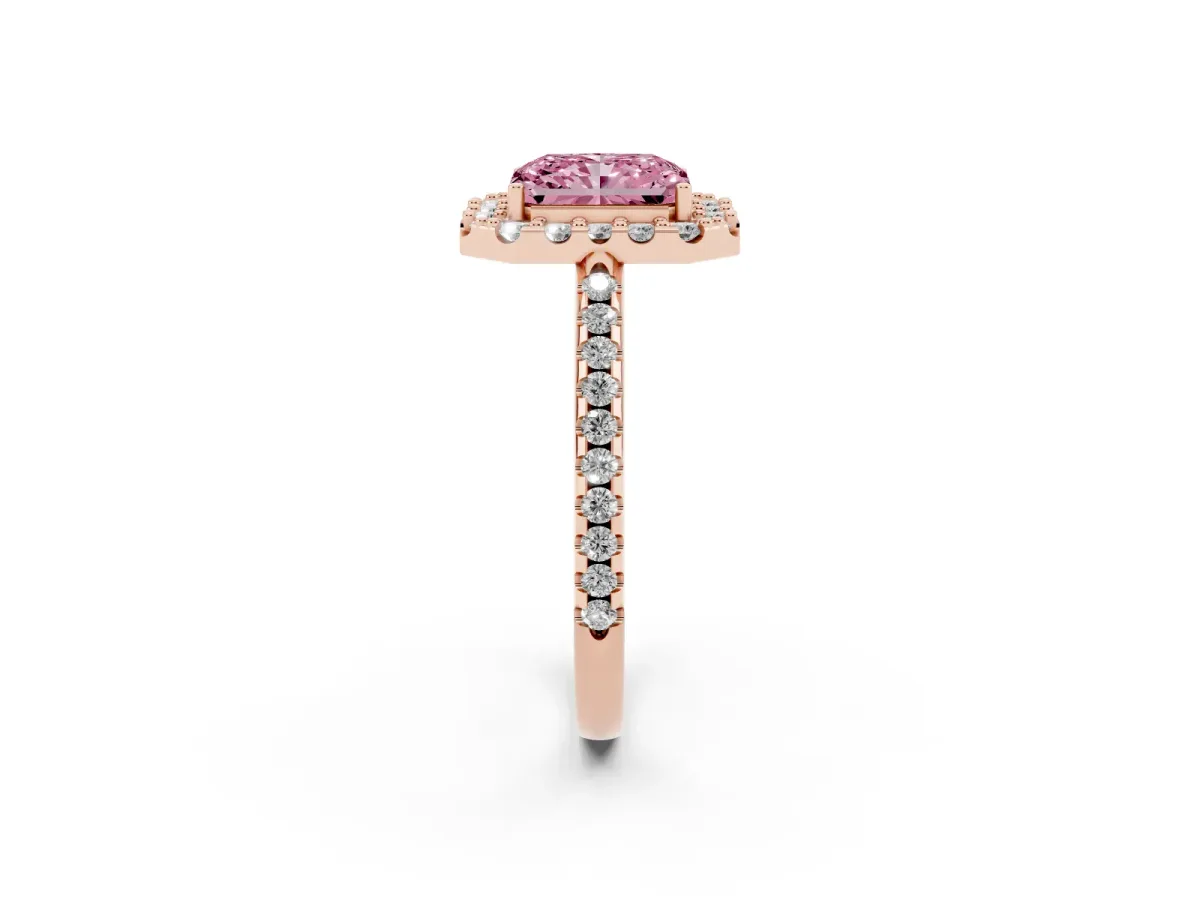 Fancy Pink Radiant Cut Diamond Pavé Halo Ring with Four-Prong Setting Rose gold