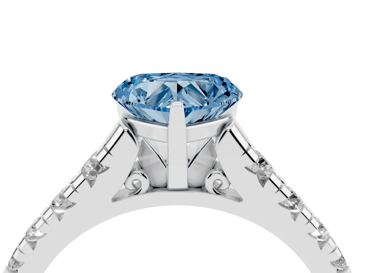 Fancy Blue Heart Cut Diamond Cathedral Solitaire Ring with Round Pavé Band Silver