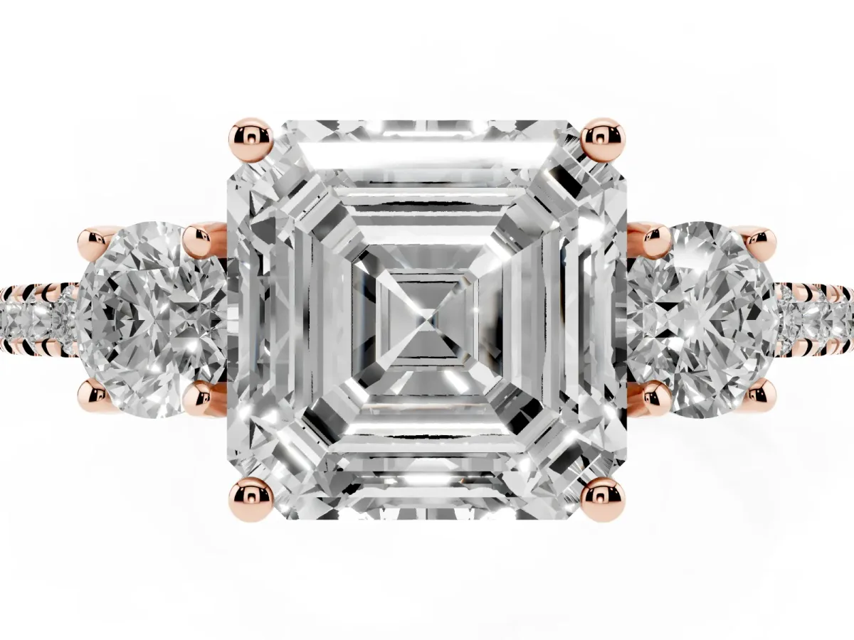 Three-Stone Asscher Cut Cut Diamond Pavé Band with Prong Setting Rose gold