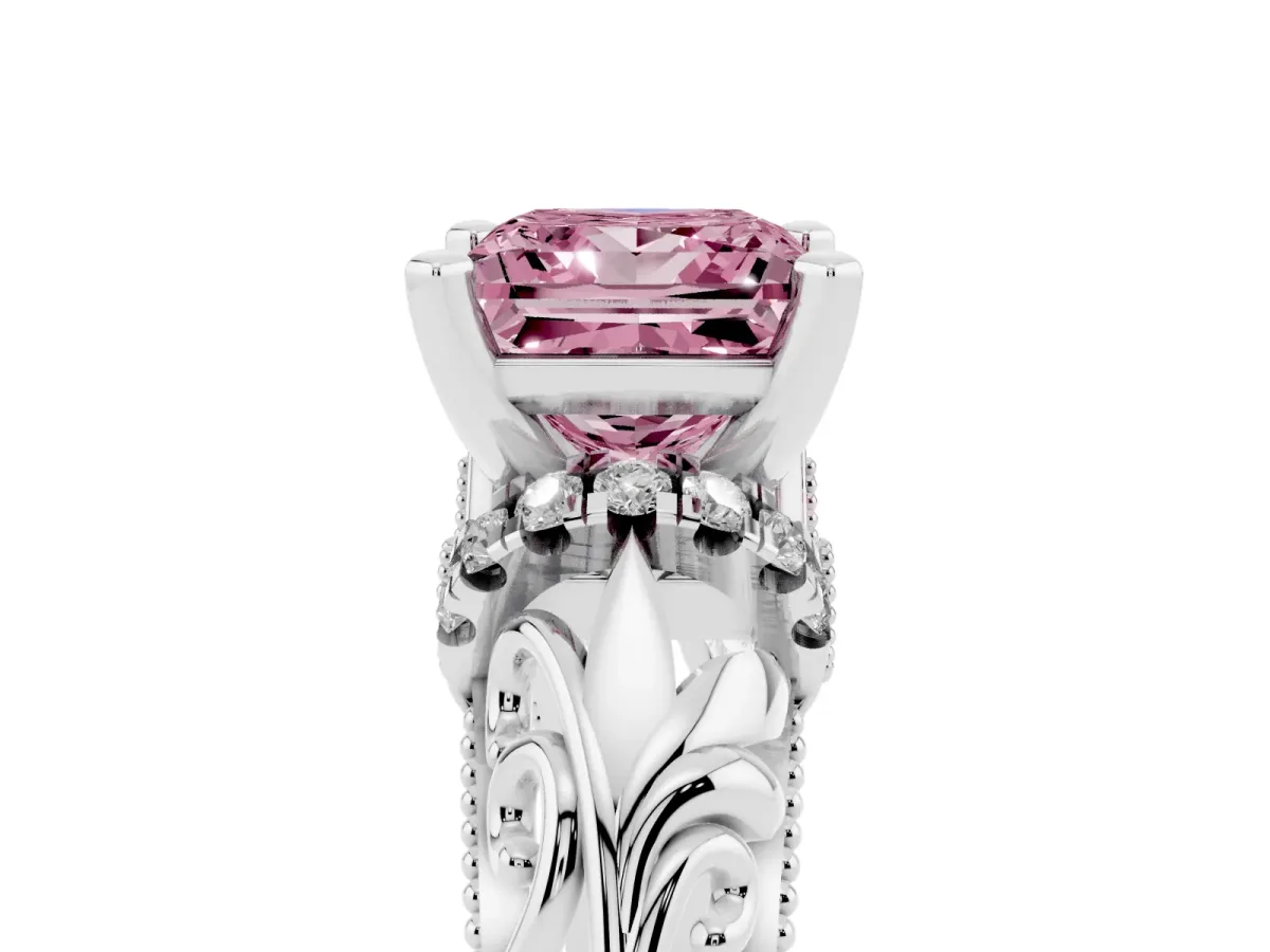 Fancy Pink Princess Cut Solitaire Filigree Engagement Ring with Halo and Prong Setting Platinum