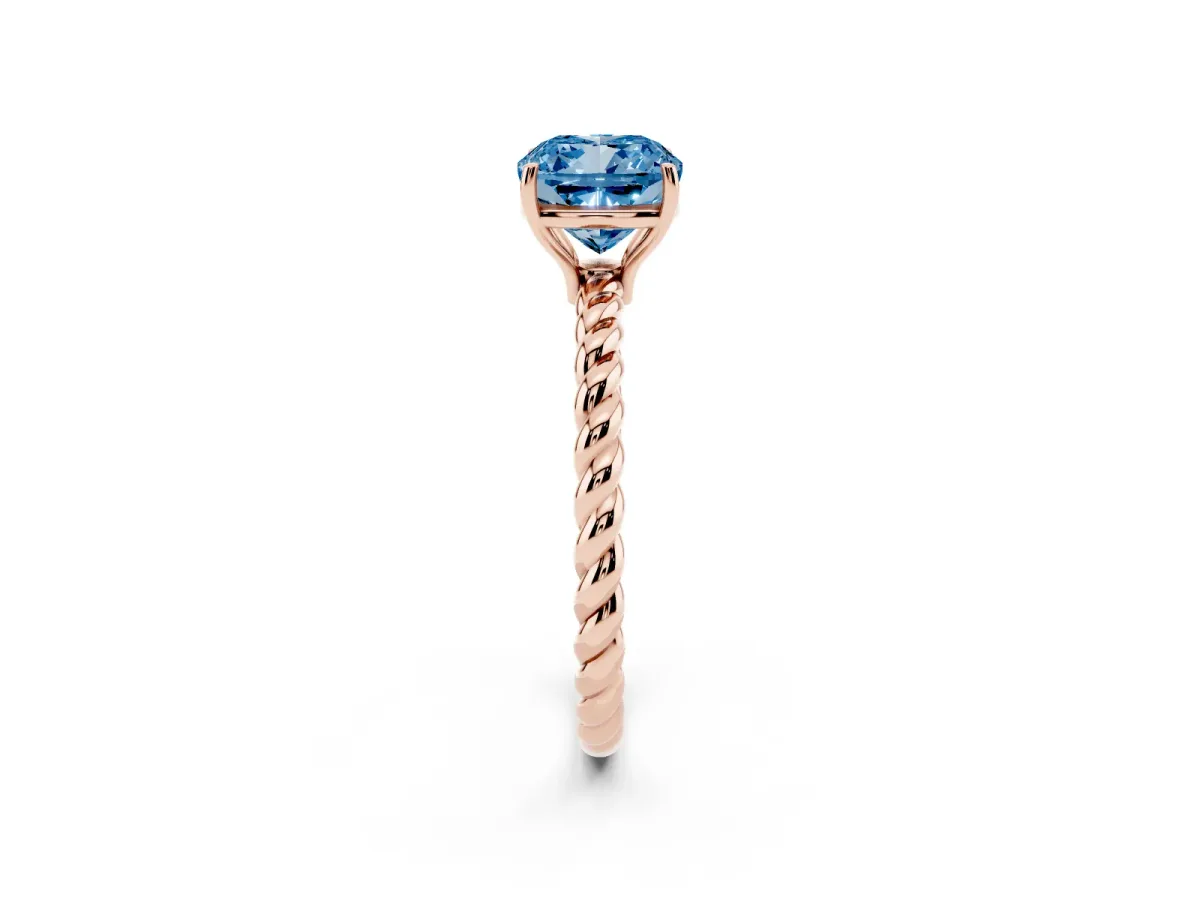 Fancy Blue Cushion Cut Solitaire Twist Band Ring with Four-Prong Setting Rose gold
