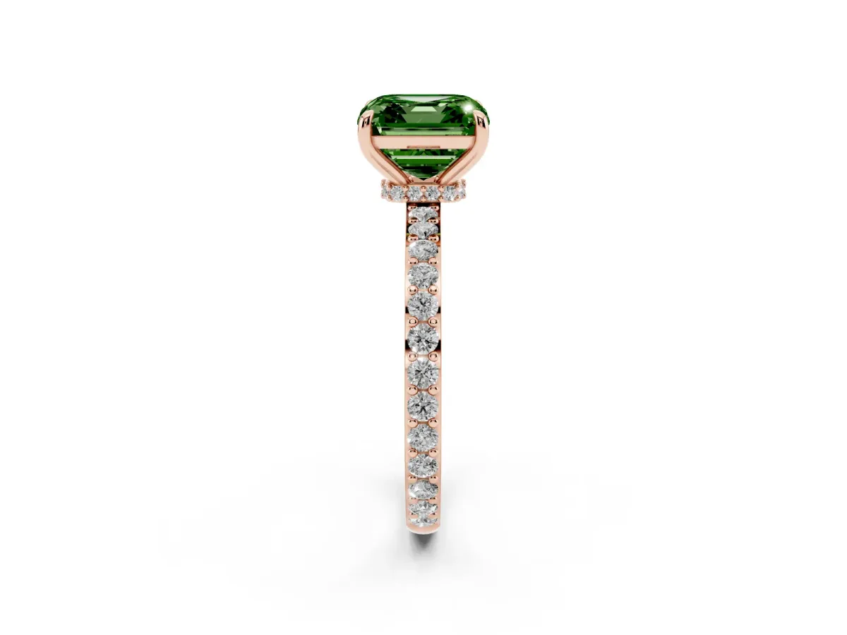 Fancy Green Asscher Cut Diamond Solitaire Engagement Ring with Pavé Band and Four-Prong Setting Rose gold