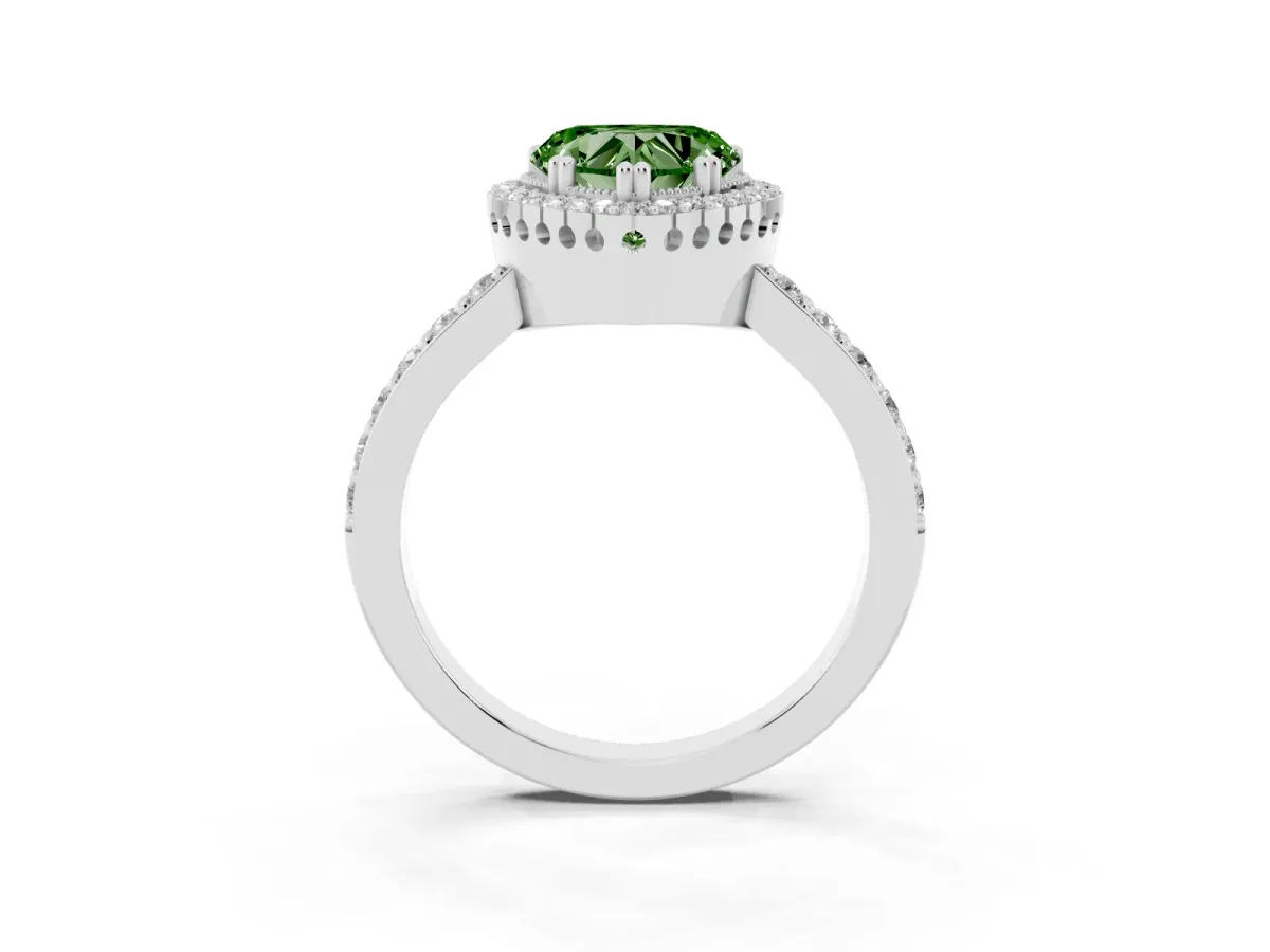 Fancy Green Heart Cut Cut Diamond Halo Engagement Ring with Milgrain Detail and Pavé Band Silver
