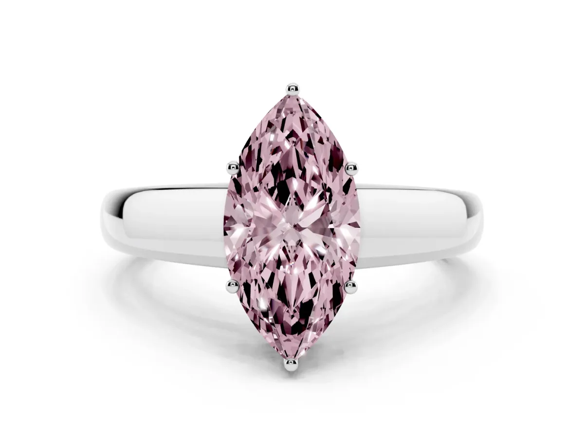 Fancy Pink Marquise Cut Solitaire Diamond Ring with Tapered Band and Four-Prong Setting Silver
