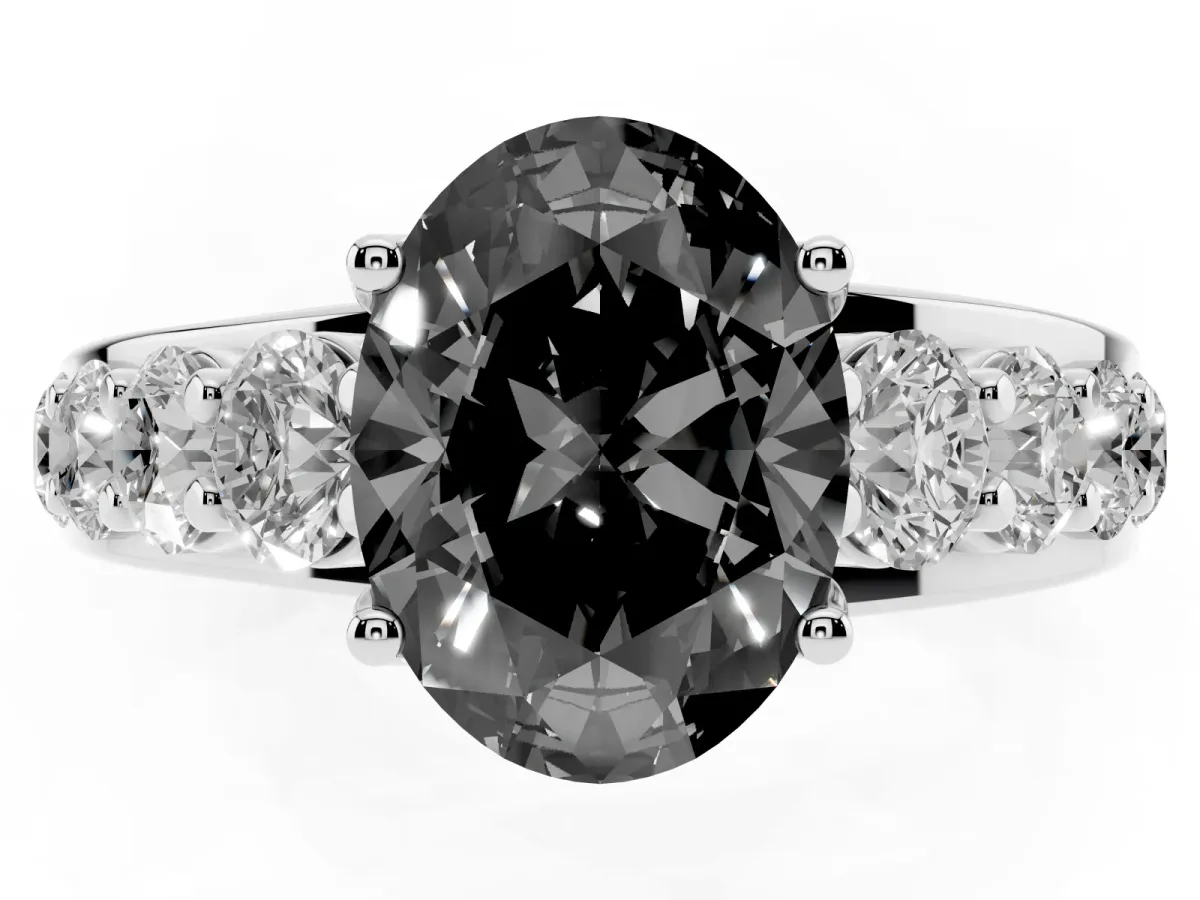 Fancy Black Oval Cut Diamond Engagement Ring with Pavé Band and Four-Prong Setting Silver