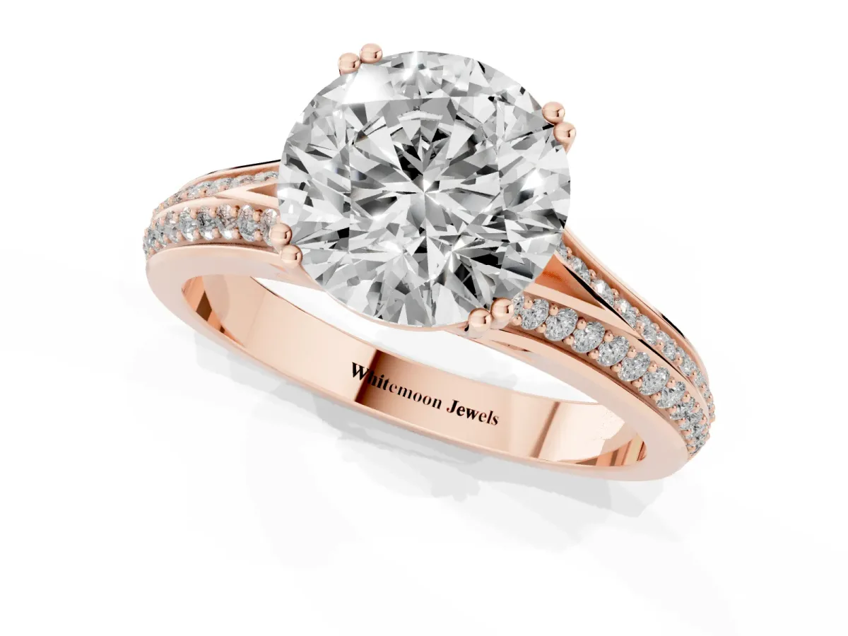 Round Cut Diamond Split Shank Engagement Ring with Pavé Band Rose gold