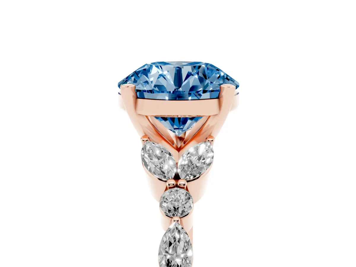 Fancy Blue Round Cut Diamond Solitaire Ring with Side Stones and Four-Prong Setting Rose gold