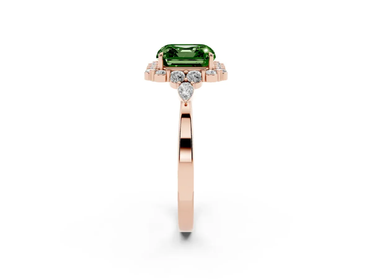 Fancy Green Asscher Cut Diamond Halo Ring with Pear Side Stones and Prong Setting Rose gold