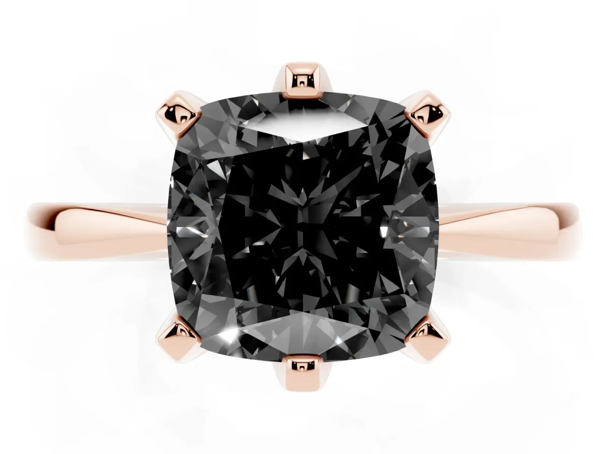 Fancy Black Cushion Cut Solitaire Engagement Ring with Six-Prong Setting and Tapered Band Rose gold