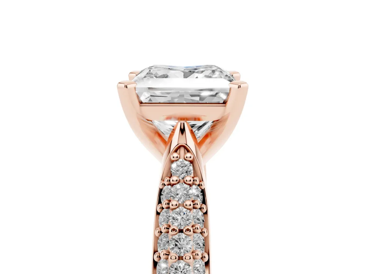 Princess Cut Diamond Solitaire Engagement Ring with Multi-Row Round Pavé Band and Prong Setting Rose gold