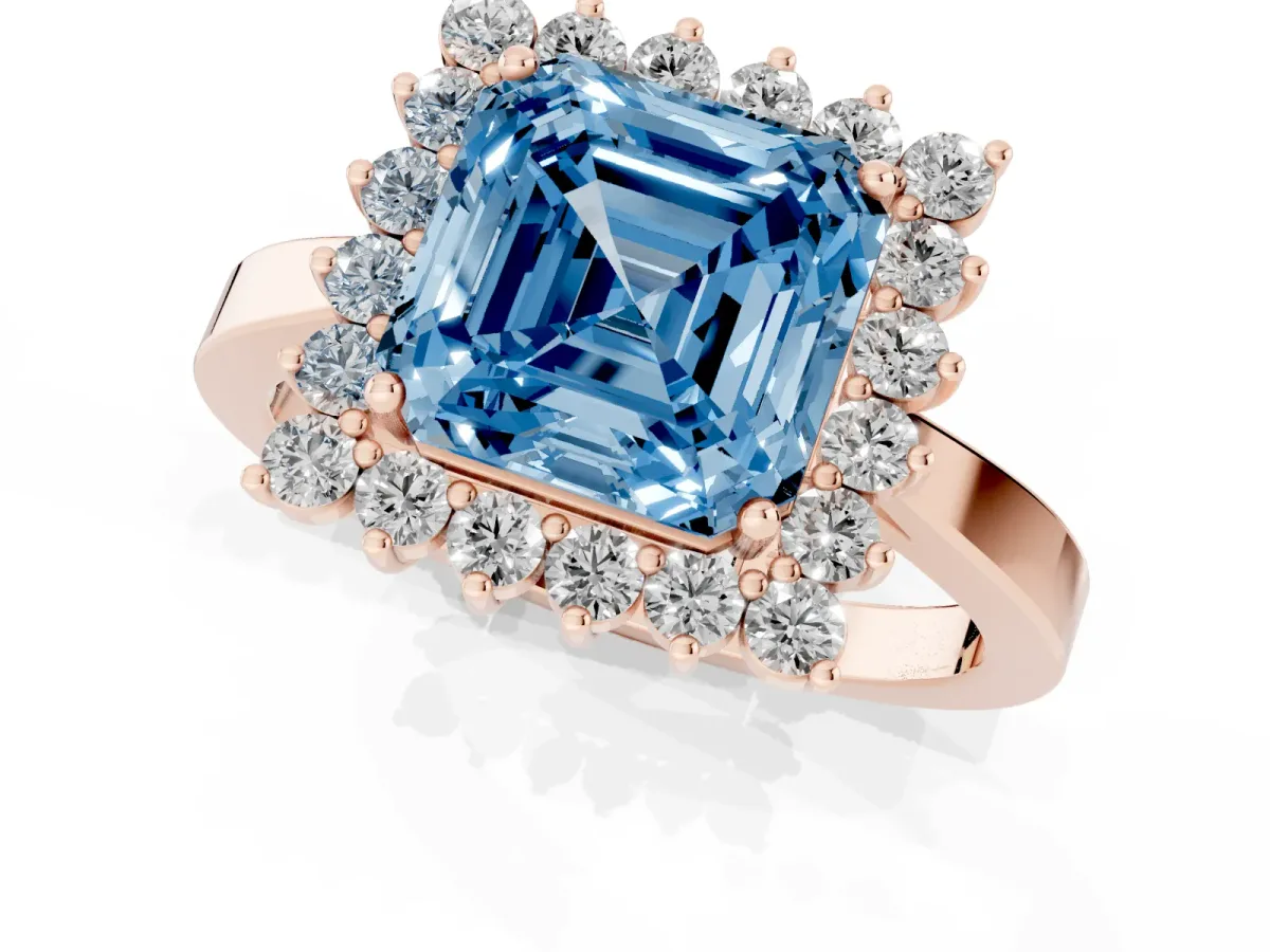 Fancy Blue Asscher Cut Cut Diamond Halo Ring with Round Brilliant Halo and Solitaire Band Rose gold