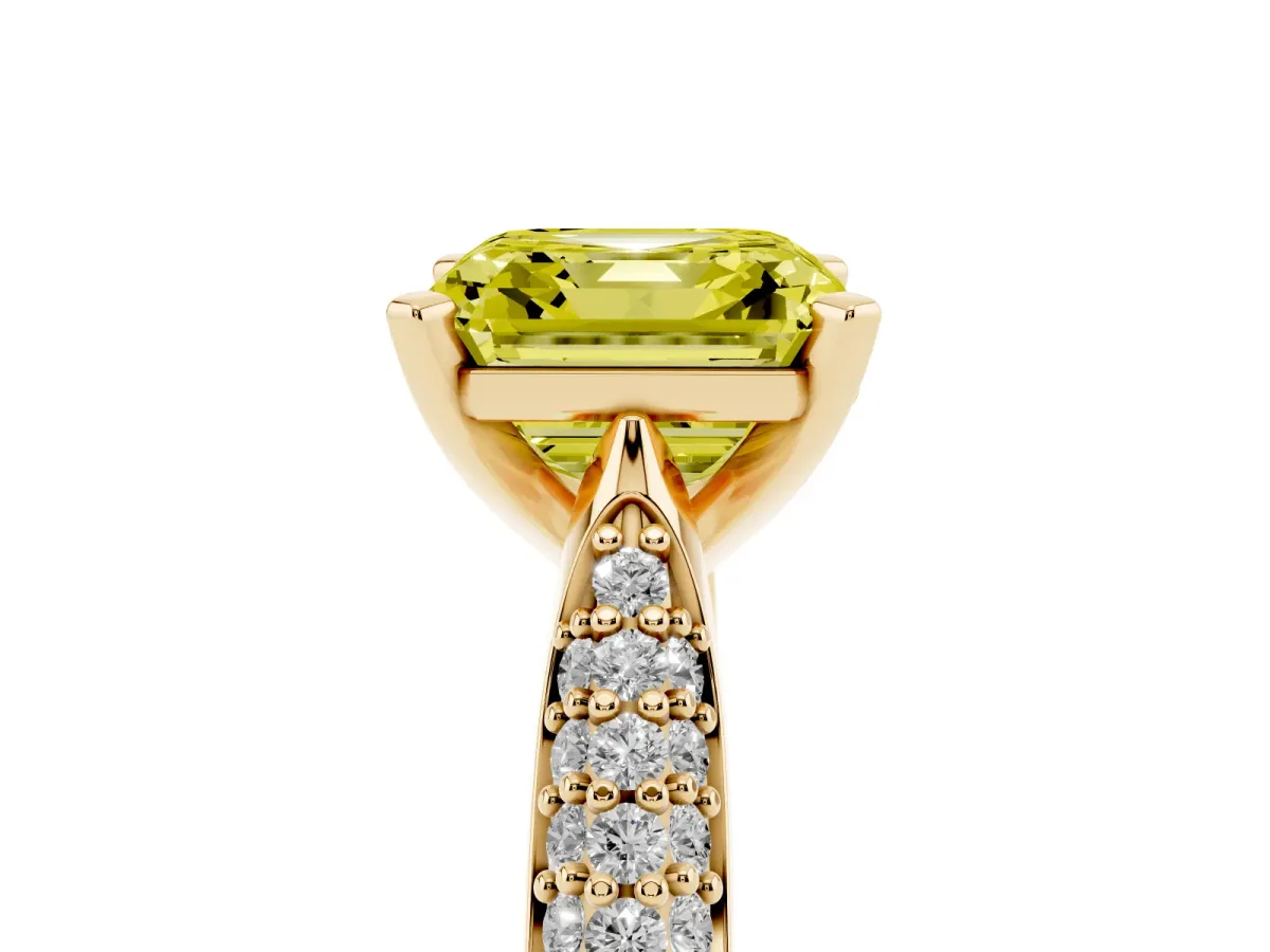 Fancy Yellow Asscher Cut Diamond Solitaire Engagement Ring with Multi-Row Round Pavé Band and Prong Setting Yellow gold