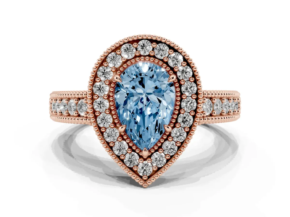 Fancy Blue Pear Cut Cut Halo Diamond Ring with Pavé Band and Four-Prong Setting Rose gold