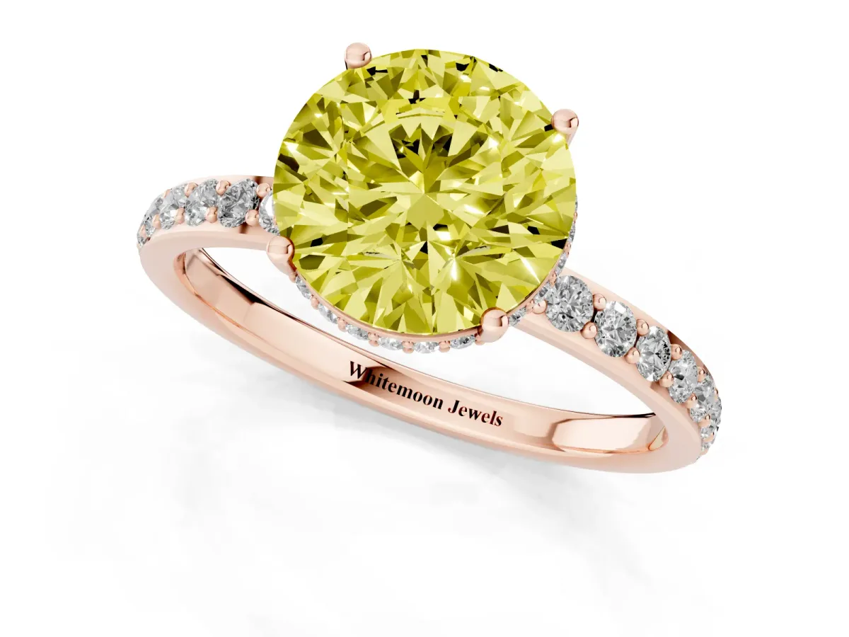 Fancy Yellow Round Cut Diamond Solitaire Ring with Pavé Band and Hidden Halo Rose gold