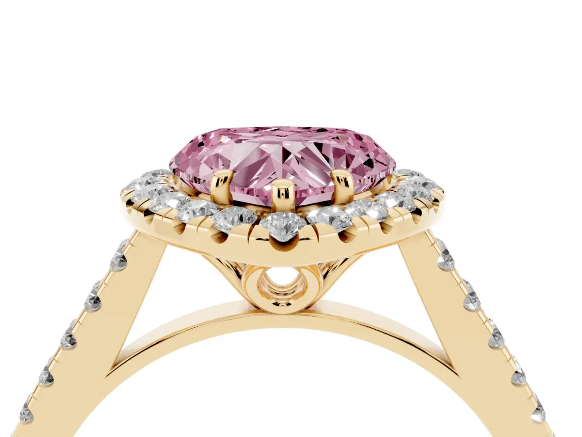 Fancy Pink Heart Cut Halo Pavé Diamond Engagement Ring with Four-Prong Setting Yellow gold