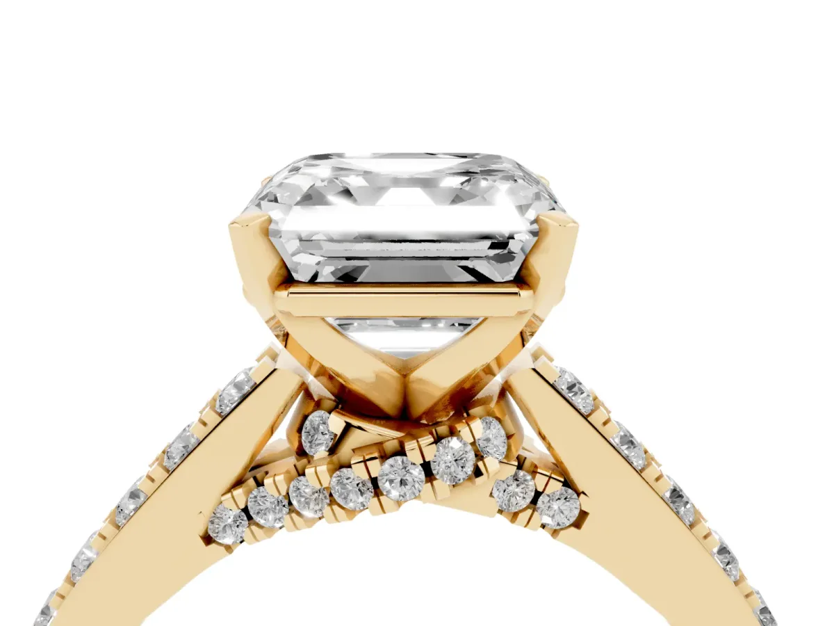 Asscher Cut Diamond Solitaire Ring with Crossover Gallery and Round Pavé Band Yellow gold