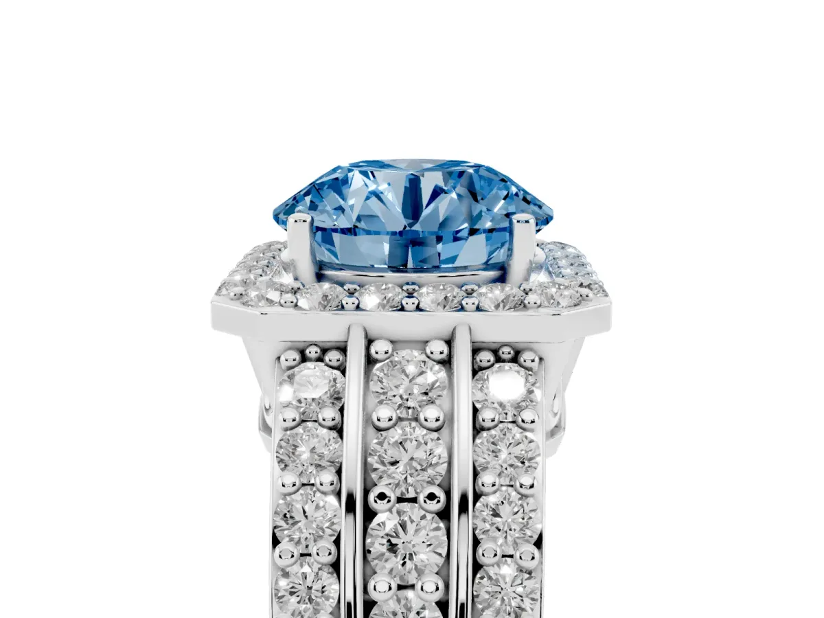 Fancy Blue Round Cut Halo Diamond Ring with Round Split Shank and Prong Setting Platinum
