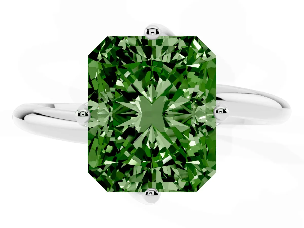 Fancy Green Radiant Cut Diamond Solitaire Engagement Ring with Four-Prong Setting and Classic Band Silver