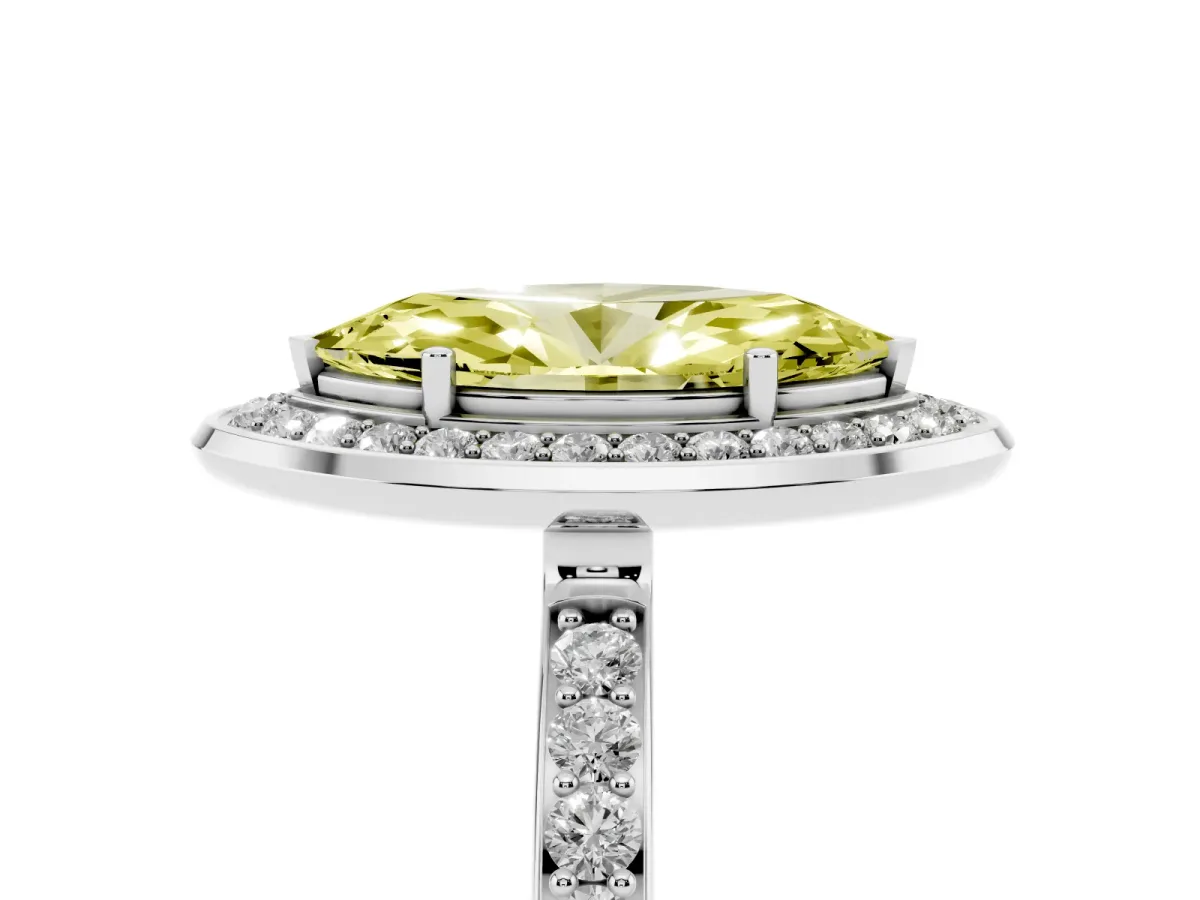 Fancy Yellow Marquise Cut Diamond Halo Ring with Bezel Frame and Pavé Band Platinum