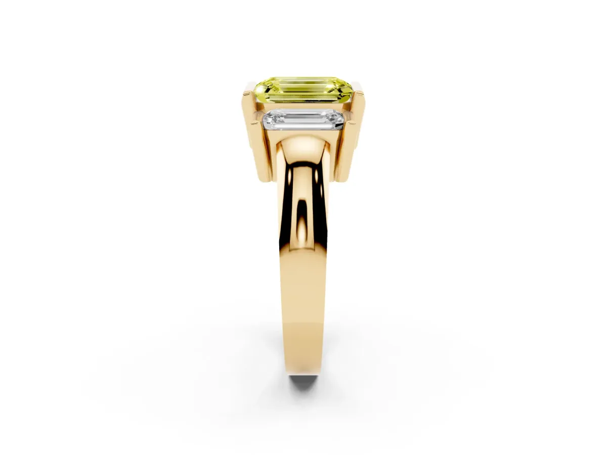 Fancy Yellow Three Stone Emerald Cut Cut Channel Set Diamond Ring Yellow gold