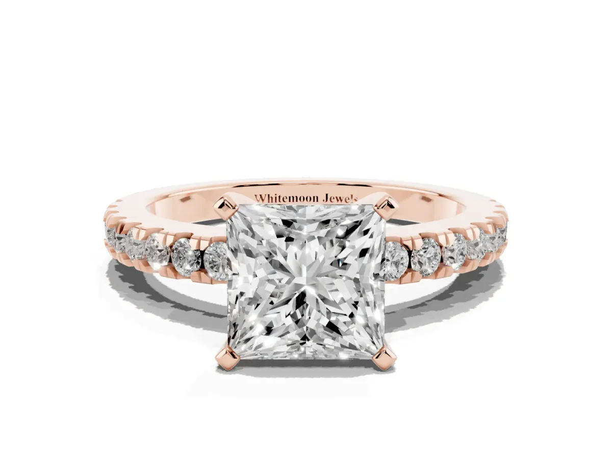 Princess Cut Solitaire Diamond with Pavé Band and Four-Prong Setting Rose gold