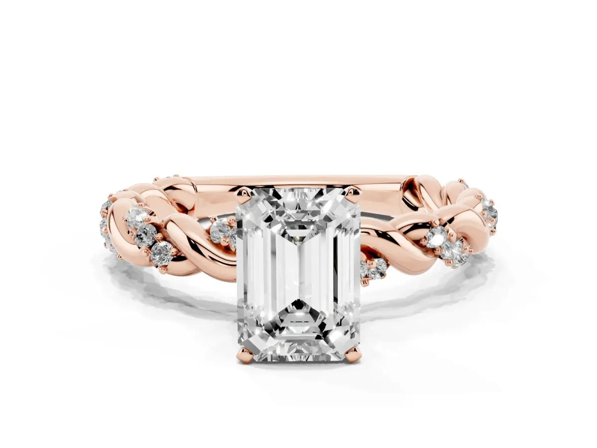 Emerald Cut Diamond Solitaire Ring with Twisted Band and Pavé Accents Rose gold