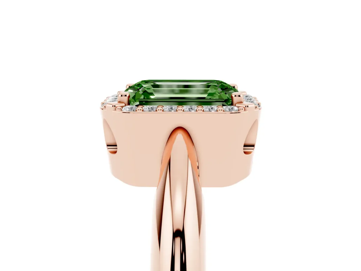 Fancy Green Emerald Cut Cut Diamond Halo Engagement Ring with Split Shank and Four-Prong Setting Rose gold