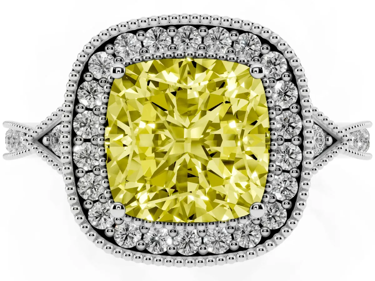 Fancy Yellow Cushion Cut Halo Round Diamond Milgrain Pave Engagement Ring Silver