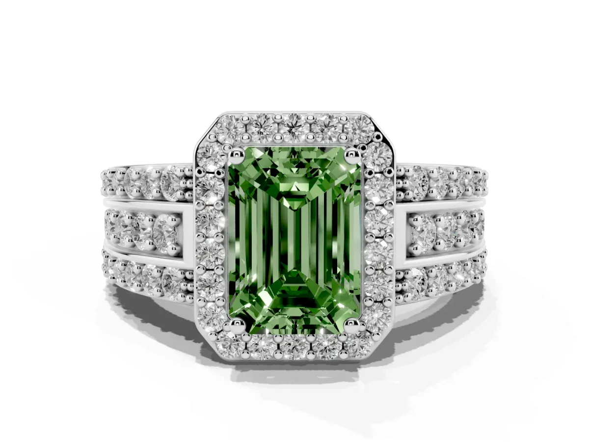 Fancy Green Emerald Cut Halo Diamond Ring with Round Split Shank and Prong Setting Silver