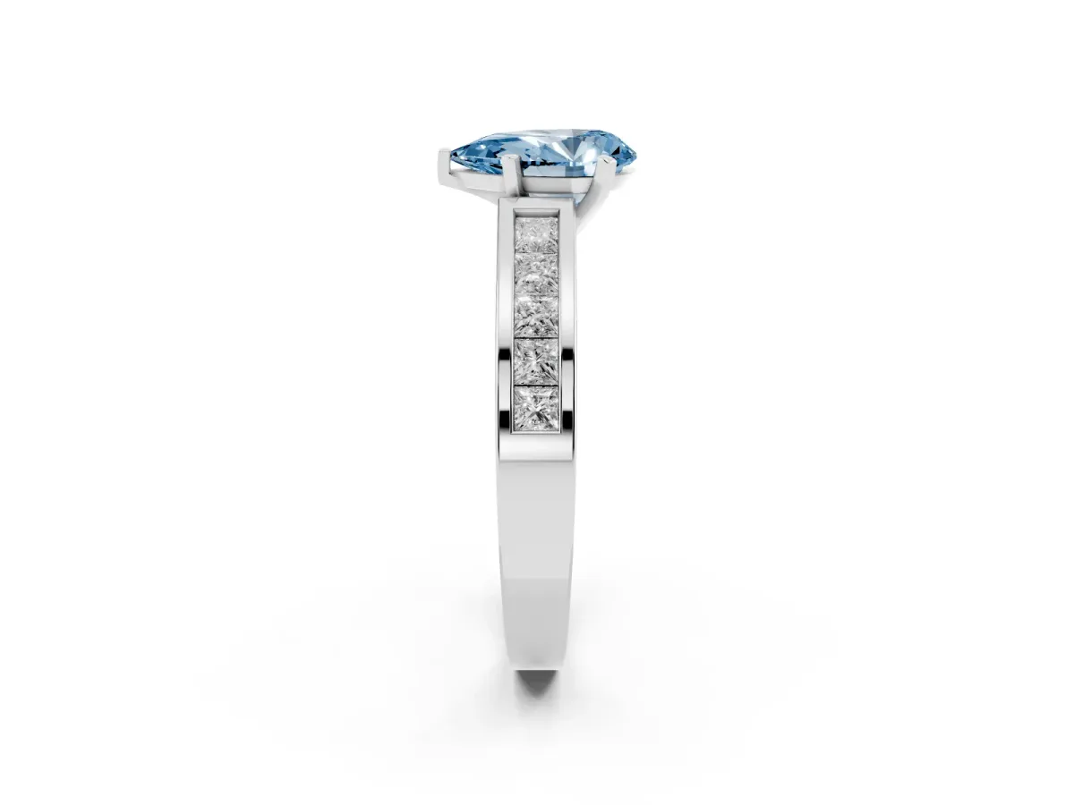 Fancy Blue Pear Cut Solitaire Diamond Ring with Channel-Set Band and Four-Prong Setting Silver