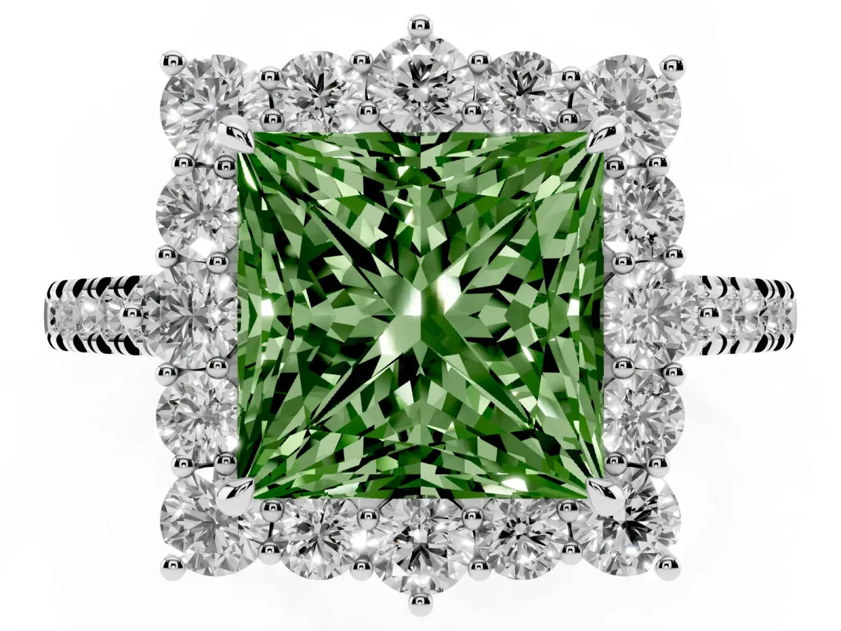 Fancy Green Princess Cut Halo Diamond Ring with Pavé Band and Prong Setting White gold
