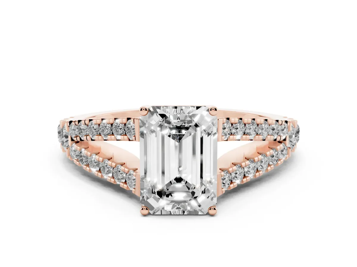 Emerald Cut Diamond Split Shank Engagement Ring with Round Pavé and Prong Setting Rose gold