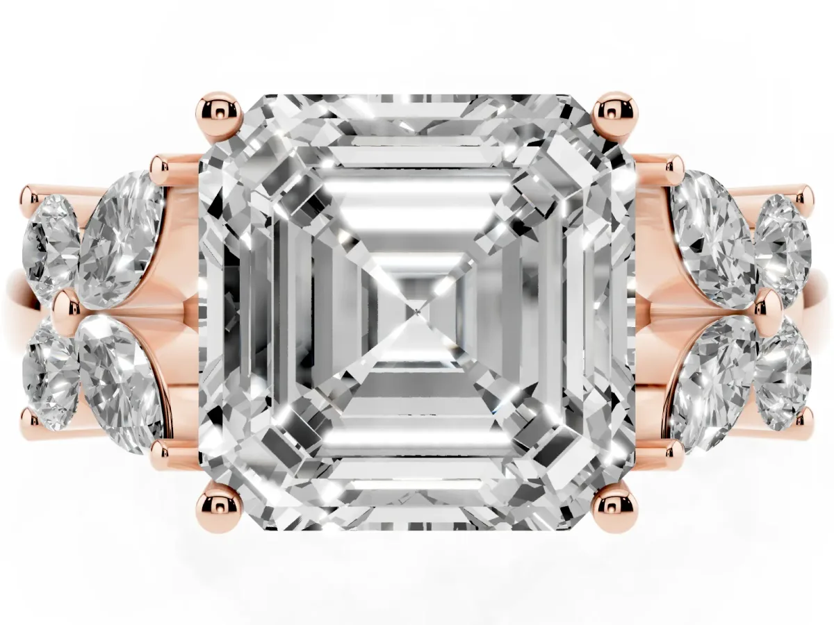 Princess Cut Diamond Floral Cluster Ring with Solitaire Band and Prong Setting Rose gold