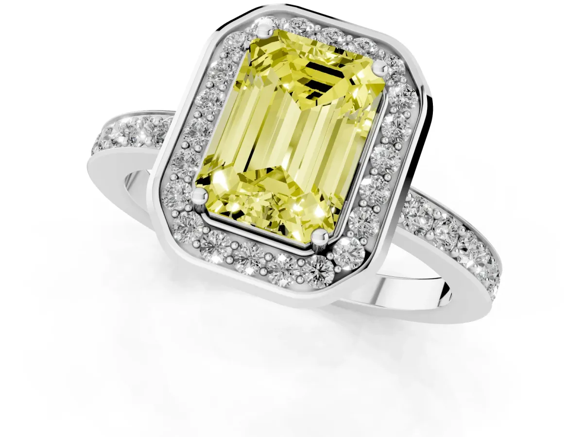Fancy Yellow Emerald Cut Diamond Halo Ring with Bezel Frame and Pavé Band Silver