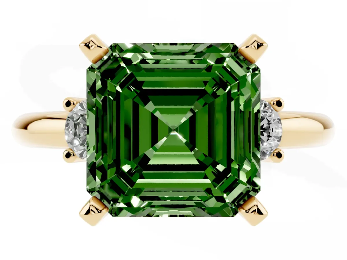 Fancy Green Three-Stone Asscher Cut Cut Diamond Solitaire with Prong Setting and Classic Band Yellow gold