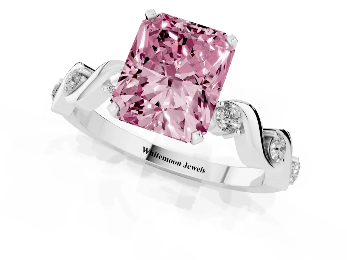 Fancy Pink Radiant Cut Diamond Solitaire Twisted Band with Round Accents and Prong Setting White gold